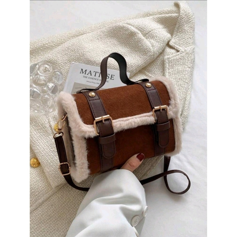 Faux Suede‎ Satchel Fur Trim Crossbody Bag Top Handle Buckle Detail